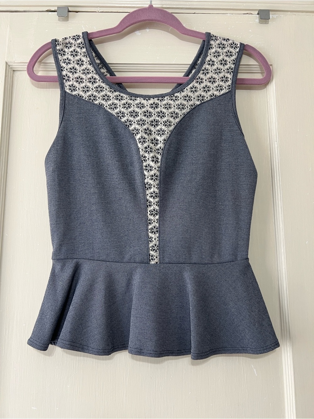 Paper Crane Blue Peplum Tank with White Lace-Inset